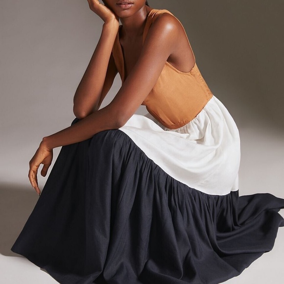 En Saison V-Neck Colorblock Maxi Linen Dress Anthropologie XS